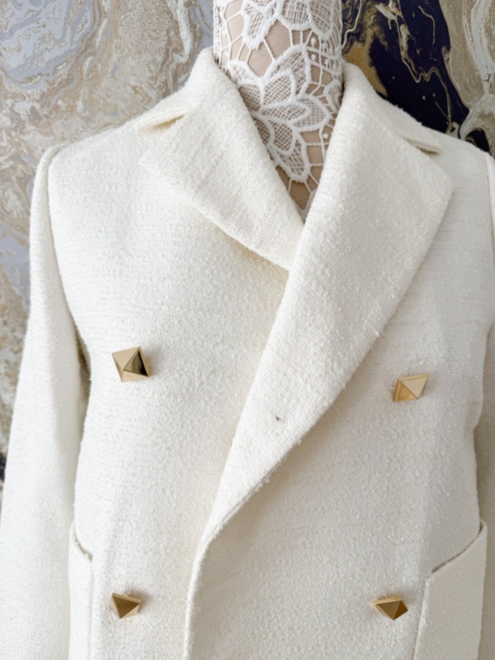 Valentino Cream Bouclé Double-Breasted Jacket with Gold Pyramid Buttons - Picture 2 of 16